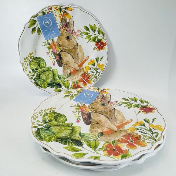 The Prairie Bunny Rabbit Floral MELAMINE Dinner Plates Rachel